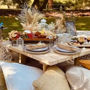 Romantic picnic setup Melbourne Romantic luxury picnic setup in Melbourne with rustic wooden table, decorative florals, gourmet food platters, and cushions for a stylish outdoor event.